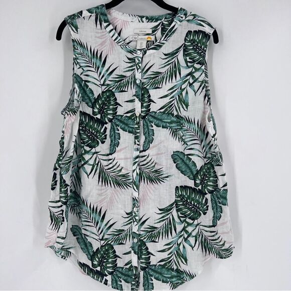 C&C California 100% Linen Palm Tree Print Top Large - Picture 1 of 5